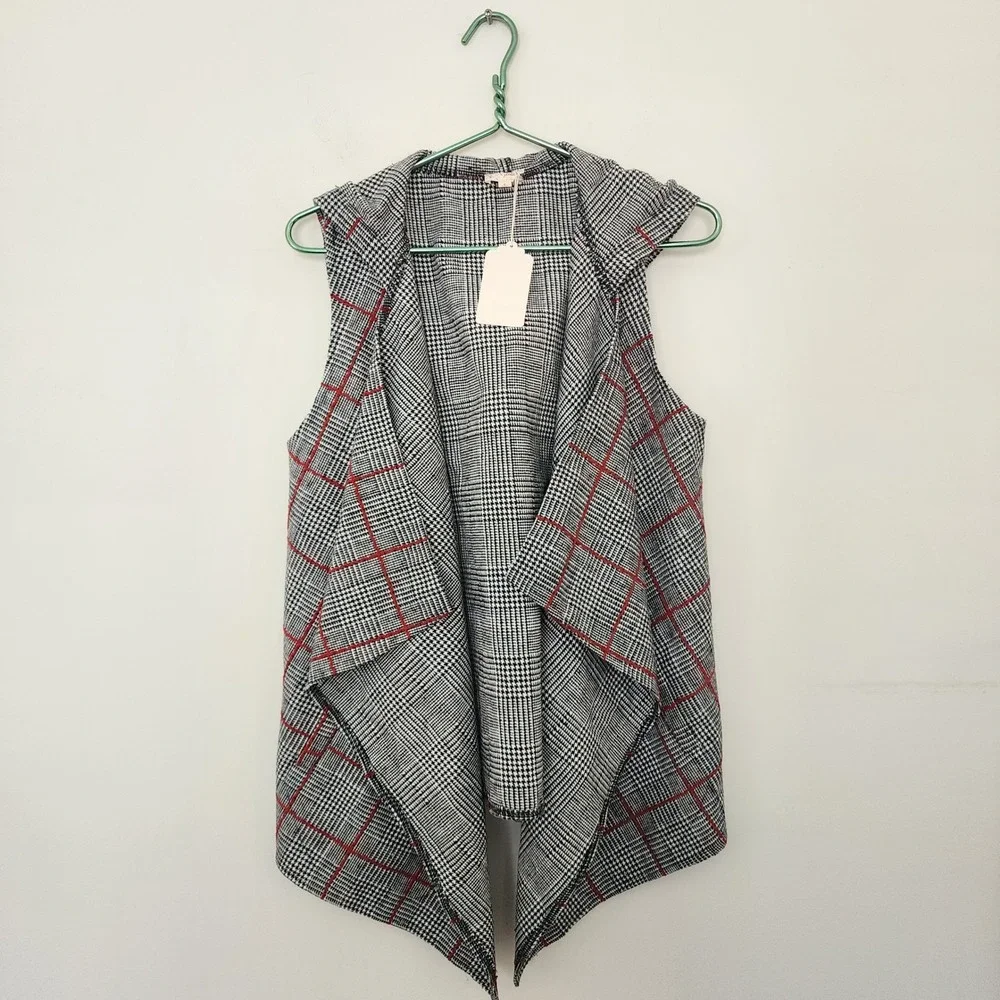 Hem & Thread Hooded Plaid Vest Black White Red Windowpane Open Front Small NEW